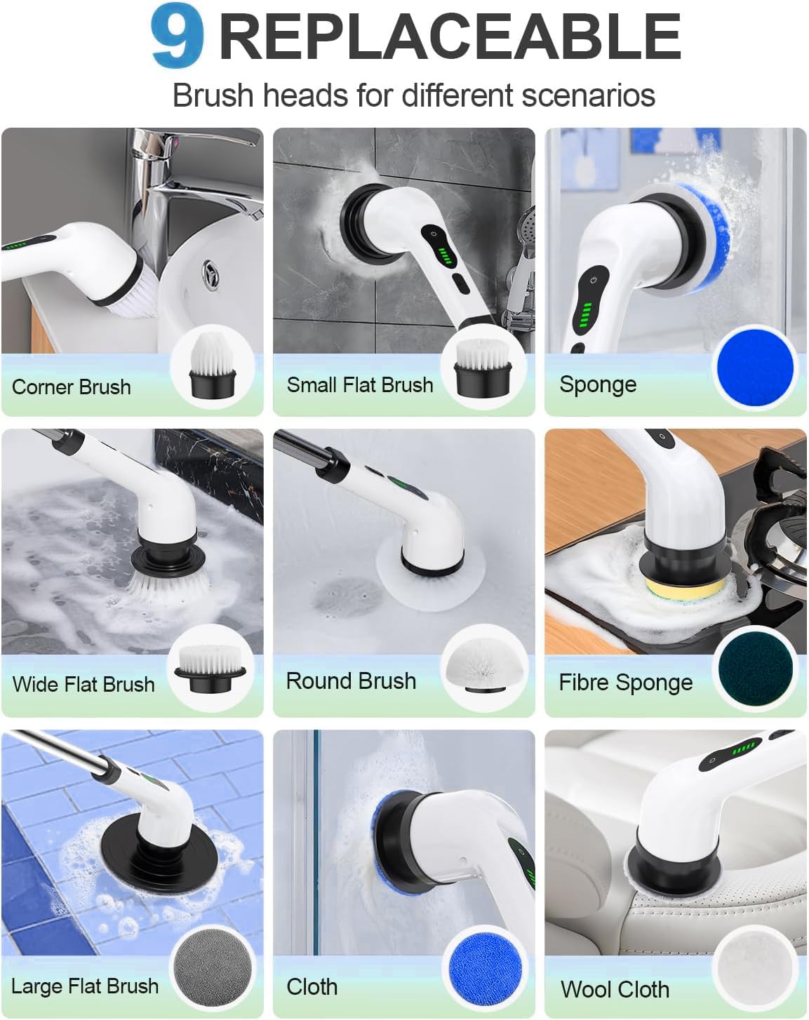 Electric Spin Scrubber for Bathroom Powerful 400RPM Cordless Cleaning Brush with 9 Replaceable Heads, 2 Adjustable Speeds, 90 Min Runtime, Extendable Handle Shower, Tub, Tile, Glass, Car
