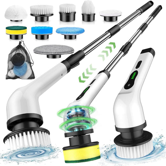 Electric Spin Scrubber for Bathroom Powerful 400RPM Cordless Cleaning Brush with 9 Replaceable Heads, 2 Adjustable Speeds, 90 Min Runtime, Extendable Handle Shower, Tub, Tile, Glass, Car