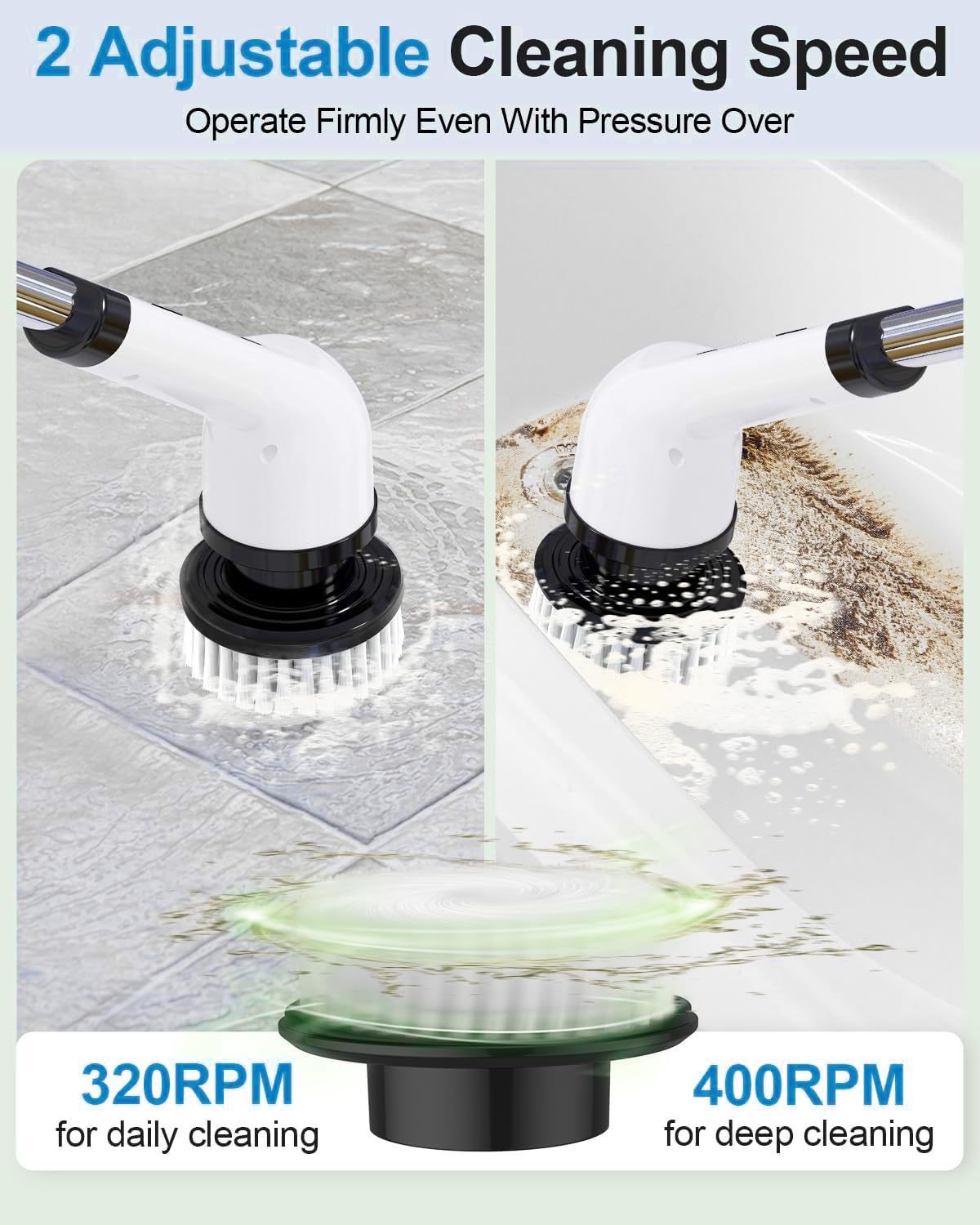Electric Spin Scrubber for Bathroom Powerful 400RPM Cordless Cleaning Brush with 9 Replaceable Heads, 2 Adjustable Speeds, 90 Min Runtime, Extendable Handle Shower, Tub, Tile, Glass, Car